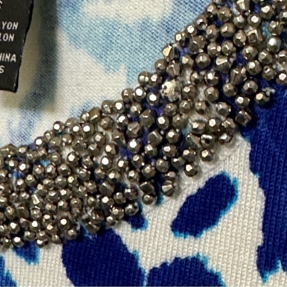 INC International Concepts Blue White Short Sleeve Top Rhinestone Collar Size S - Picture 6 of 6